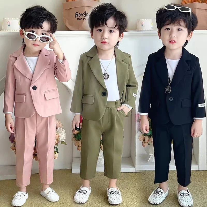 Children's Spring Autumn Piano Host Performance Costume Flower Girl Wedding Dress Kids Jacket Pants Necklace 3Pieces Suit Set