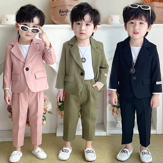 Children's Spring Autumn Piano Host Performance Costume Flower Girl Wedding Dress Kids Jacket Pants Necklace 3Pieces Suit Set