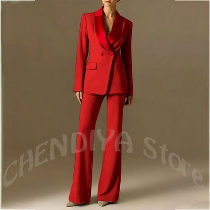 Classic Shawl Lapel Suit For Women Elegant Double Breasted Outfit Solid Color Two Piece Straight Modern Style Office Wear
