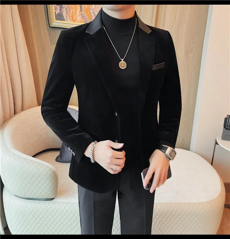Autumn Winter Corduroy Suit Coat For Men Korean Elegant Slim Fit Business Formal Dress Coats Groom Wedding Tuxedo Suit Jacket