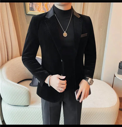 Autumn Winter Corduroy Suit Coat For Men Korean Elegant Slim Fit Business Formal Dress Coats Groom Wedding Tuxedo Suit Jacket