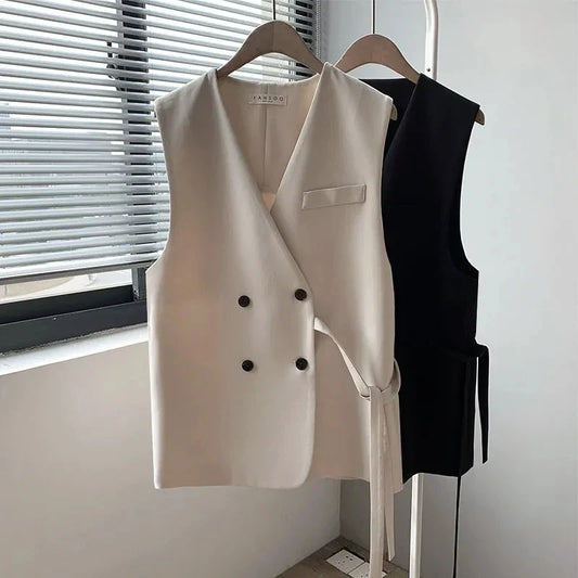 2026 Spring Autumn Vest Women Fashion Tops Waistcoat Vintage Sleeveless Jacket Lady Casual Suit Vest Lace Up Female Waistcoat