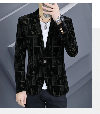 Autumn Luxury Corduroy Suit Jacket for Men Letter Printed Casual Business Men Blazers Slim Fit Social Banquet Party Dress Coats