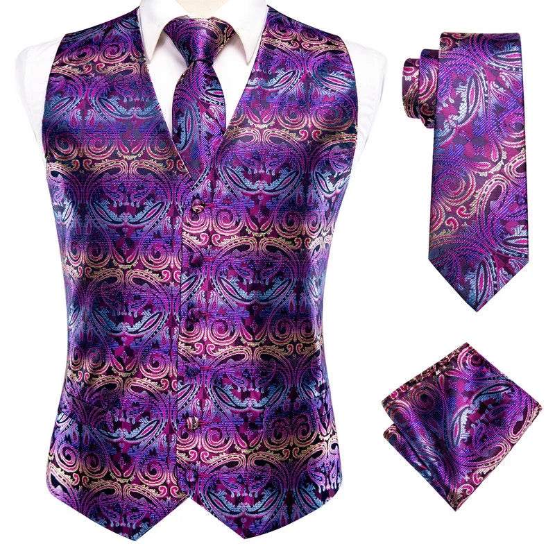 Men's Double Breasted Jacquard Waistcoat Vest Tie Pocket Square Set – Ivory Paisley Wedding & Formal Suit
