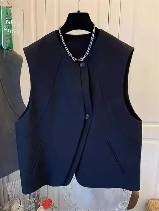 Chic Suit Vest Coat For Women Round Neck Irregular Solid Sleeveless Jacket New Summer Office Lady Fashion Waistcoats Outwears