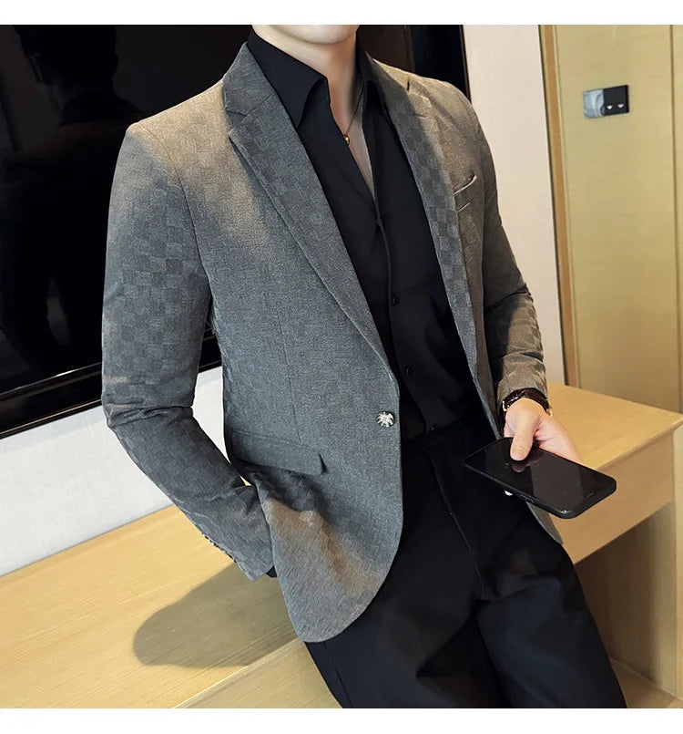 2024 Spring Plaid Blazers Men Single Breasted Casual Business Suit Jacket Fashion Slim Social Banquet Wedding Groom Dress Coats