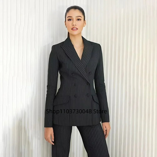 Black Striped Women's 2 Pieces Suit Lady Business Office Pant Suits Slim Fit Peak Lapel Jacket Formal Womens Tuxedo Casual Suits