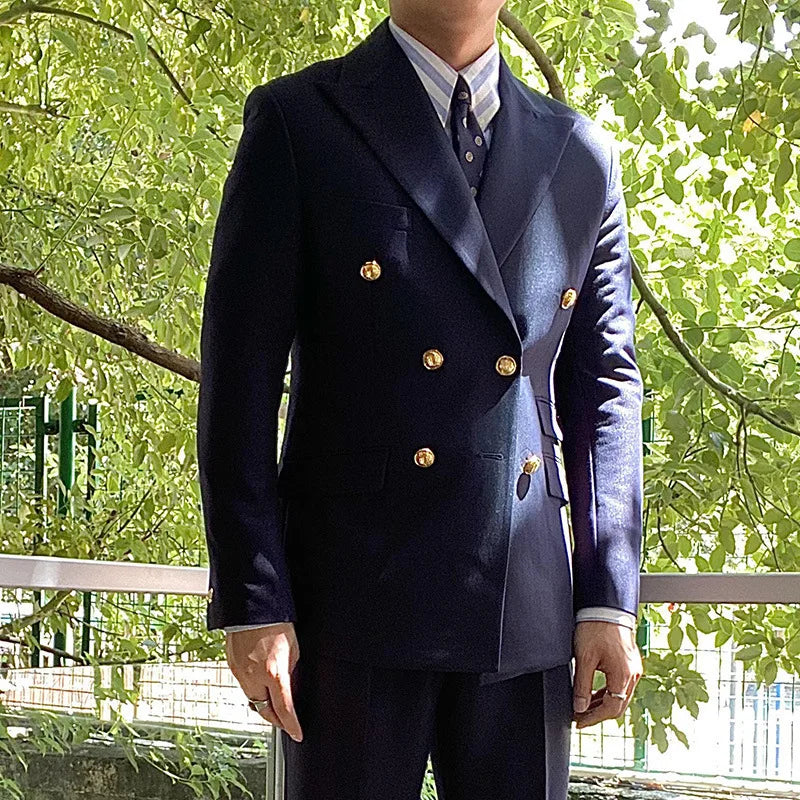 Double Gold Button 1 Piece Navy blue Jacket Wedding Groom Tuxedos Peak Lapel Design Blazer For Men Fashion Custom