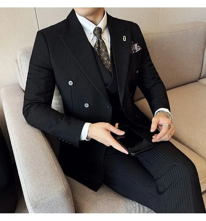 Korean Slim Fitt Wedding Suit Fashion Striped Double Breasted Suit 3 Piece Set Business Formal Casual Party Prom Host Suits