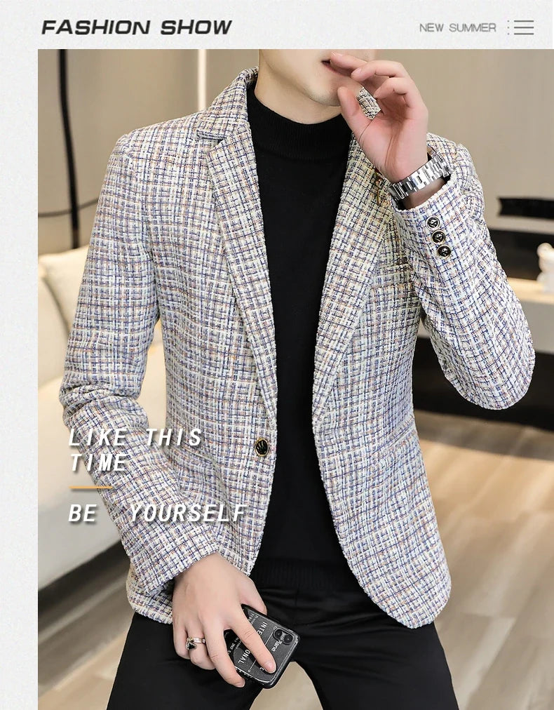 Korean Fashion Woven Suit Jacket for Men Autumn Slim Fit Casual Men Blazers Street Wear Social Business Dress Coats Men Clothing