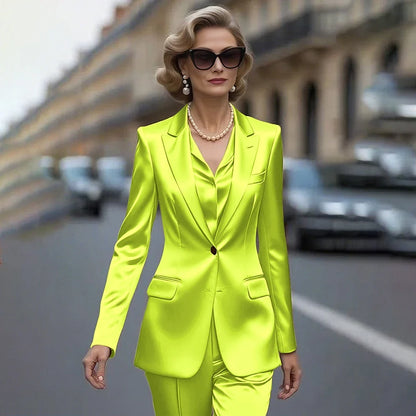 Women's Gold Satin Blazer Suit Set Stylish Single-Breasted Jacket+Pants Luxe Shiny Two-piece for Cocktail Party Wedding Guest