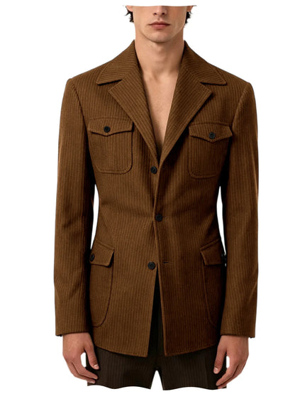 Men's Pinstripe Blazer Slim Fit Notched Lapel Lightweight Breathable Multi Pocket Comfortable Casual Sport Coat For Summer