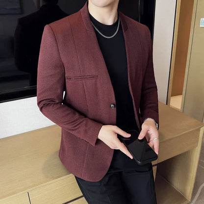 Chinese Style Collarless Suit Jacket Men Fashion Slim Fit Versatile Blazers Male Casual Business Wedding Groom Dress Jacket 2025