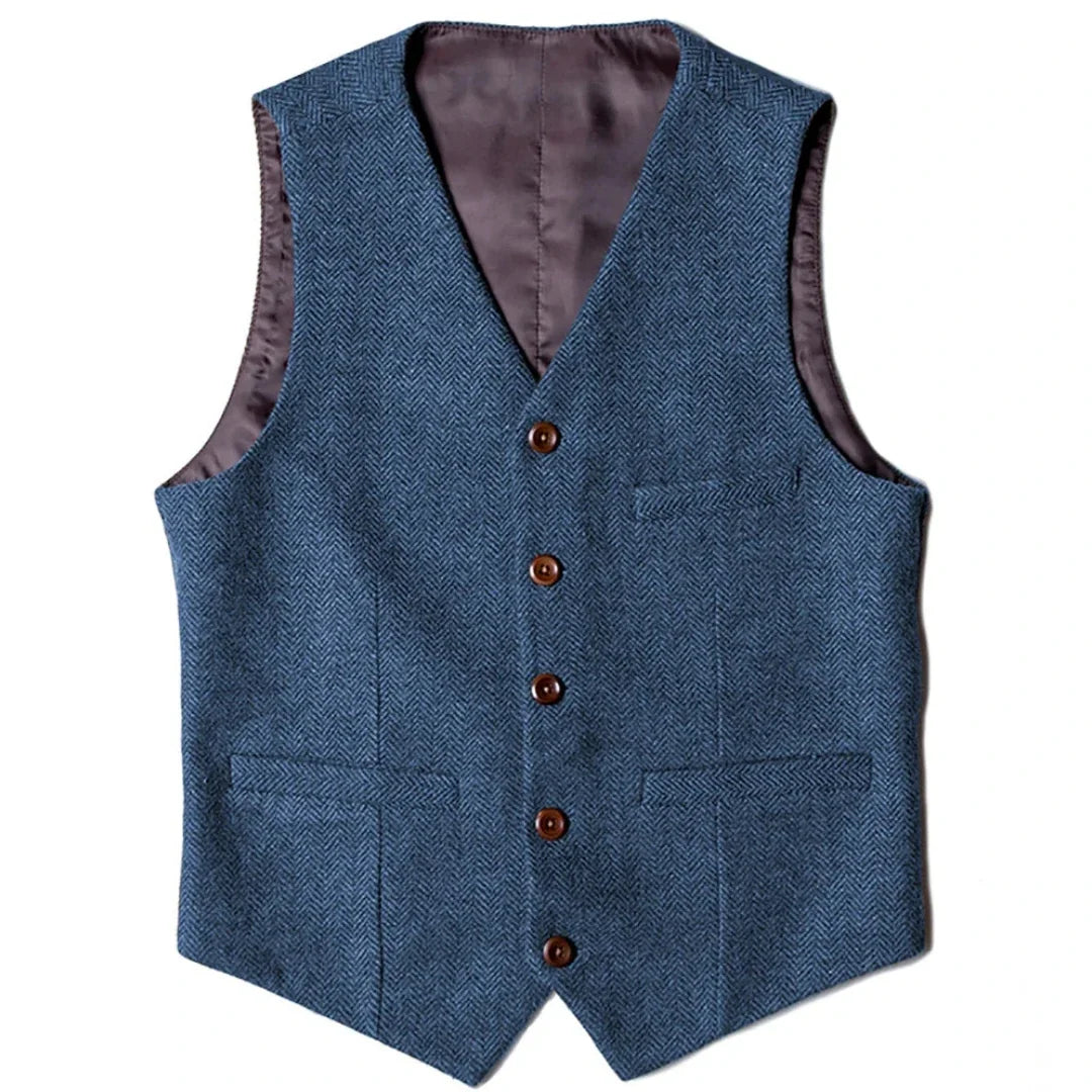 Men's Herringbone Vest Single Button V-Neck Waistcoat for Wedding & Business