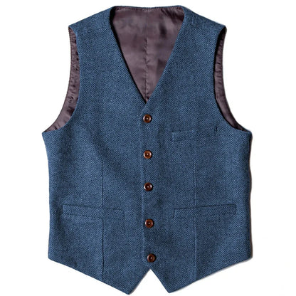 Men's Herringbone Vest Single Button V-Neck Waistcoat for Wedding & Business
