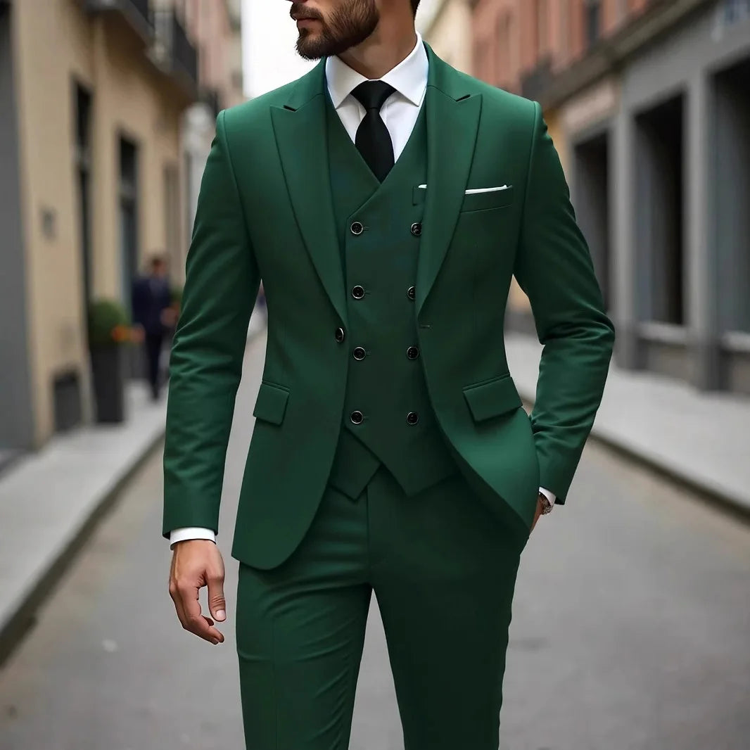 Solid Business Mens Suits Wedding Tuxedos Fashion Groom Outfit Slim Fit Peaked Lapel Prom Party Mens Suits(Jacket+Vest+Pants)