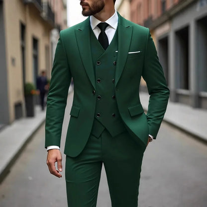 Solid Business Mens Suits Wedding Tuxedos Fashion Groom Outfit Slim Fit Peaked Lapel Prom Party Mens Suits(Jacket+Vest+Pants)