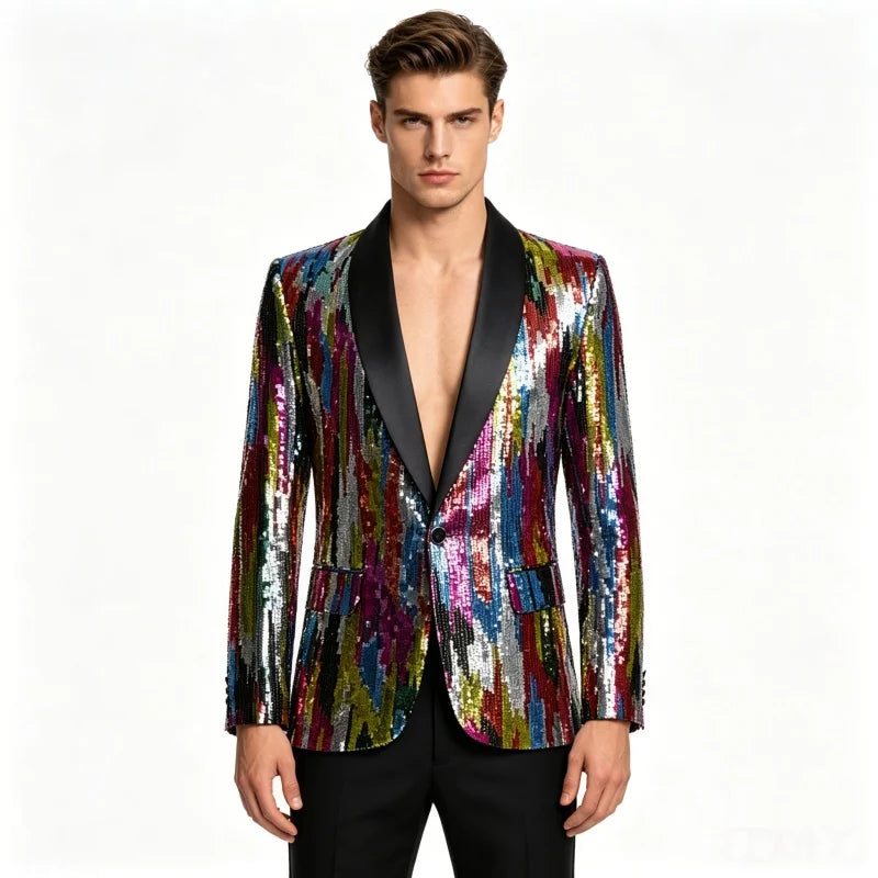 Men's Shiny Sequin Blazer Jacket Stripes Shawl Collar Slim Tuxedo Fashionable Evening Stage Performances Ideal Singers And Hosts