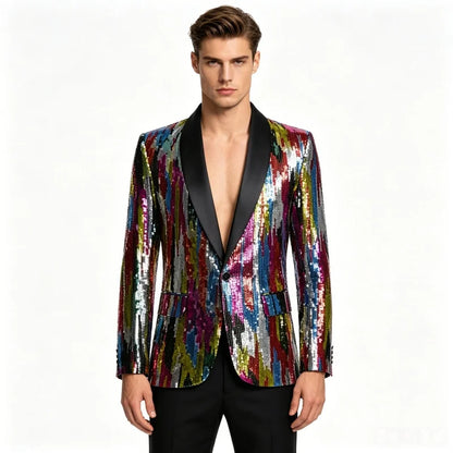 Men's Shiny Sequin Blazer Jacket Stripes Shawl Collar Slim Tuxedo Fashionable Evening Stage Performances Ideal Singers And Hosts