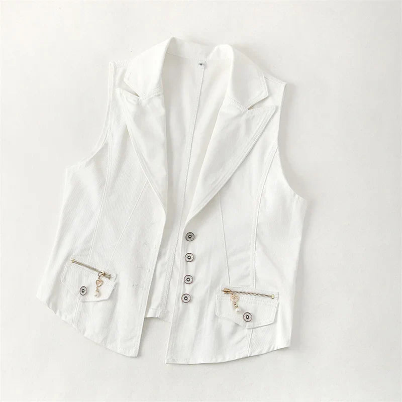 Women's Denim Vest 2025 New Ladies White Jean Jacket Fashion Waistcoat Summer Vest Coat Outwear S-5XL