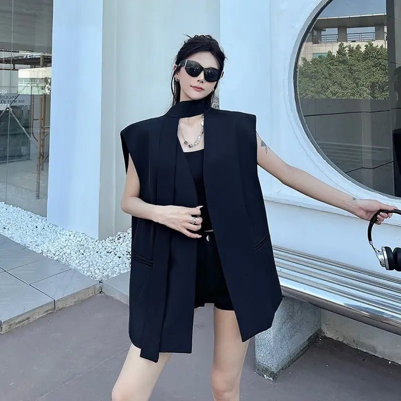 Women Black Blazer Vest Spring Autumn Casual Sleeveless Suits Jacket Female Korean All-Match Blazers Waistcoat Loose Outwear Top