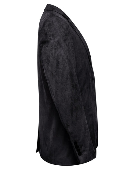 Black Faux Suede Men Single Suit Jacket, Two Button Notched Collar Casual Blazer Business Party Sport Coat