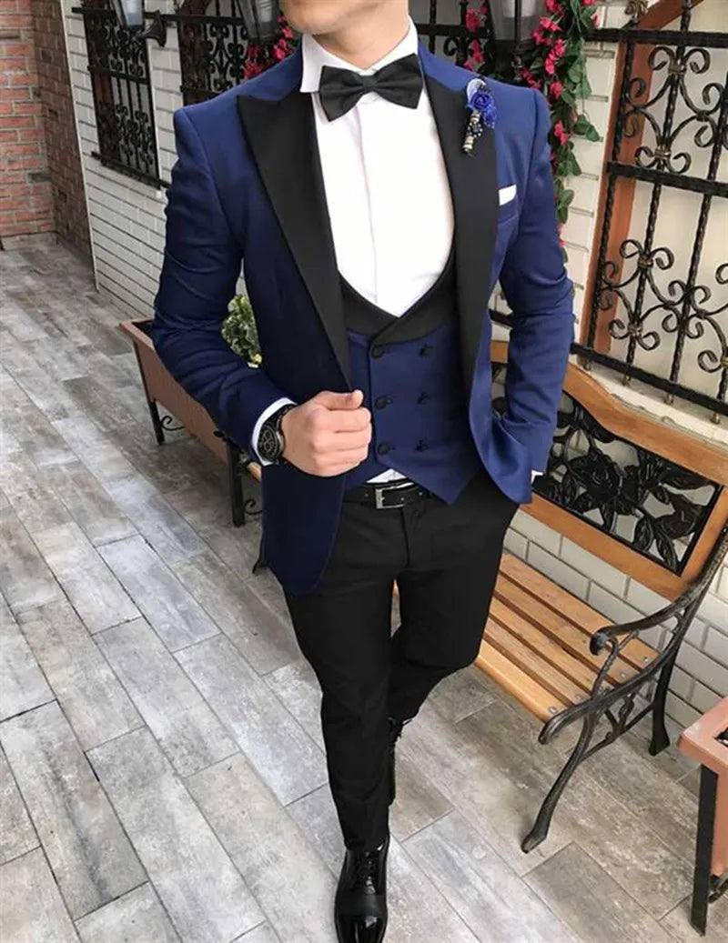Navy Blue Black Lapel Suits For Men Custom Made Terno Slim Fit Groom 3 Piece Wedding Mens Suit Masculino Jacket+Pant+Vest