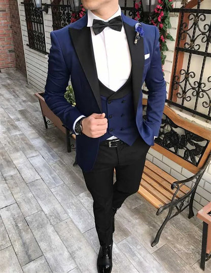 Navy Blue Black Lapel Suits For Men Custom Made Terno Slim Fit Groom 3 Piece Wedding Mens Suit Masculino Jacket+Pant+Vest