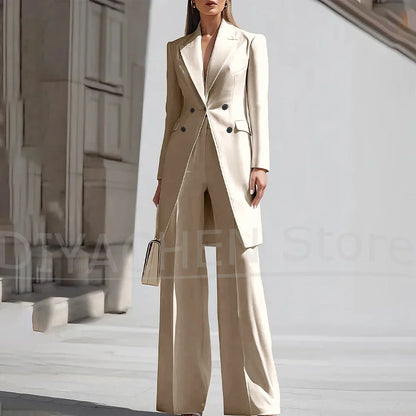 Luxury Women Pants Sets 2 Piece Chic Peak Lapel Double Breasted Outfit Fashion Elegant Daily Casual Party Office Lady Suits