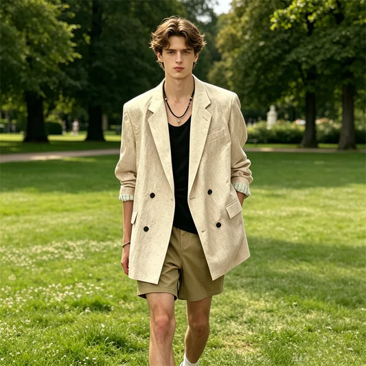 Men's Oversized Linen Blazer Double Breasted Notched Lapel Rolled Cuffs Casual Fit Spring Summer Daily Vacation Office Jacket ﻿