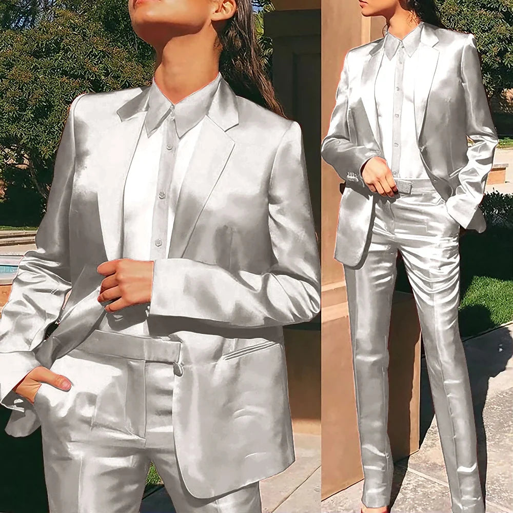 Women’s Red Satin Suit 2 Piece (Jacket+Pants) Set Gorgeous Single-breasted Blazer for Evening Party Formal Cocktail Streetwear