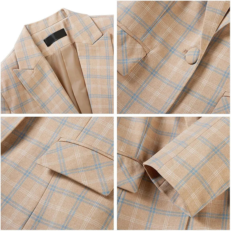 Plaid Women Suits Office Sets 2023 Vintage Long Sleeve Single Button Silm Blazers Chic High Waist Casual Pants Suits