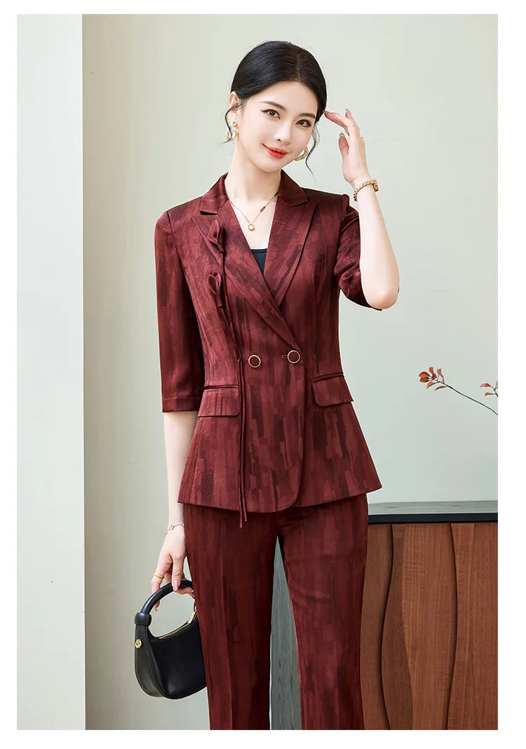 Spring Ladies Pant Suit Women Pink Wine Red Female Business Work Wear Half Sleeve Jacket and Trouser Formal 2 Piece Set Blazer