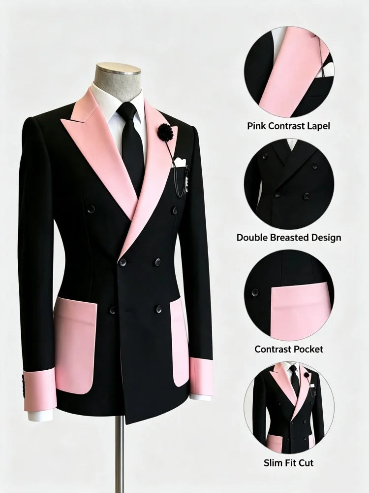 Men's Business Casual Blazer Slim Fit Double Breasted Black Pink Color Block Peak Lapel Formal Tuxedo Jacket Groom Wedding Party