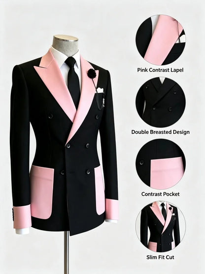 Men's Business Casual Blazer Slim Fit Double Breasted Black Pink Color Block Peak Lapel Formal Tuxedo Jacket Groom Wedding Party