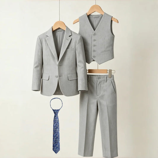 Boys 4-Piece Formal Suit Set – Slim Fit Blazer, Vest, Pants & Tie for Weddings & Special Occasions