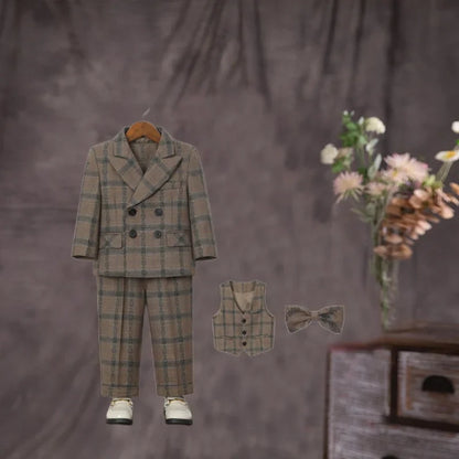 Boys 4Pieces Brown Plaid Wedding Outfit With Jacket Vest Pants Bowtie Kids Formal Wear for Piano Host Speech Performance