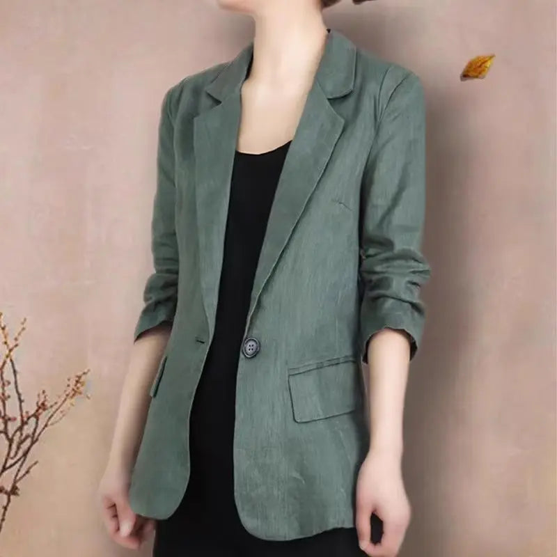 Women's Linen Blazer Casual Slim Fit Single Button Notched Lapel Lightweight Suit Jacket