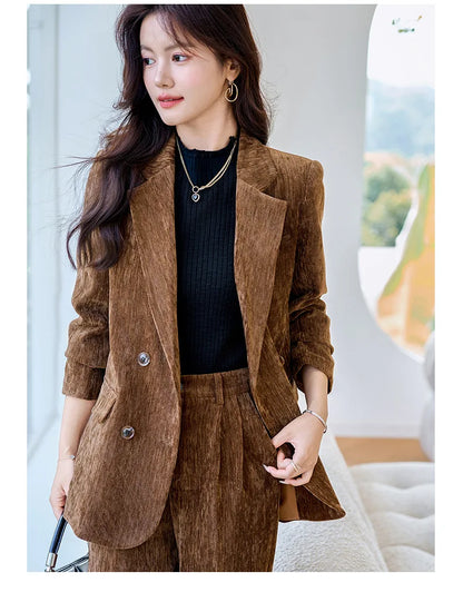 Pleuche Women Suits Office Sets 2024 Autumn New Fashion Notched Double Breasted Blazers Vintage Casual Wide Leg Pants Suits