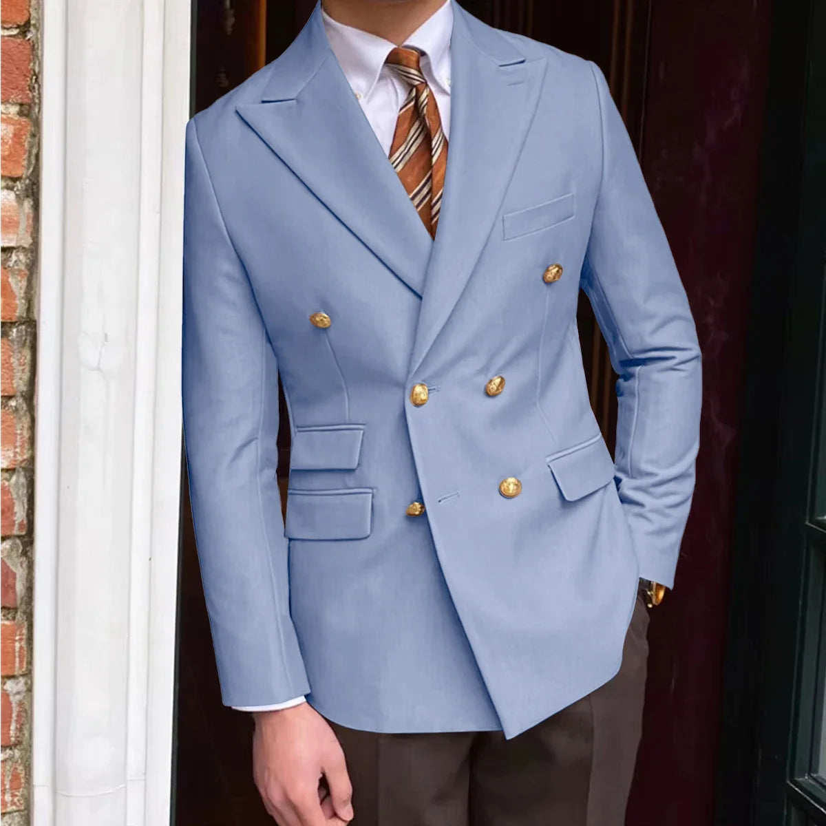 Men's Brown Serge Blazer Double Breasted Peak Lapel Gold Button Slim Fit British Style Fashion Suit Jacket Formal Business Casua