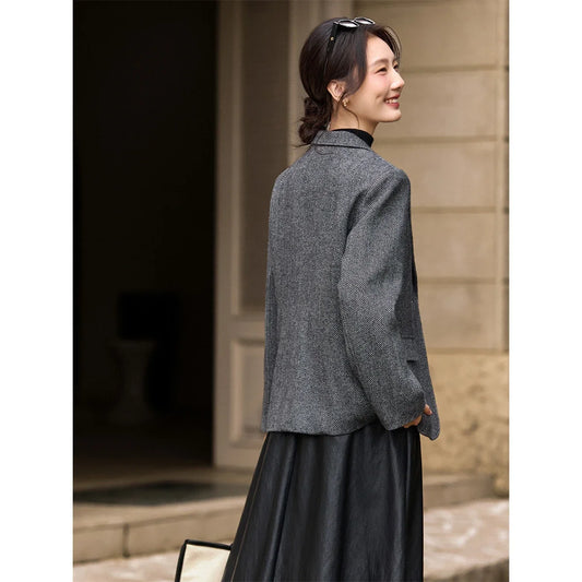 women's Blazer 2026 Winter Wool Blend Lapel Collar Waist Cinching Slimming New Jackets Elegant Thick Women's Coat A2869