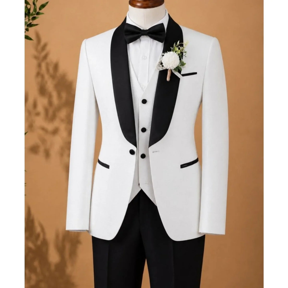 Men 3 Piece Suit Black Satin Collar White Shawl Lapel Slim Fit Groom Tuxedo Jacket Vest Pants Wedding Prom Coat Customized