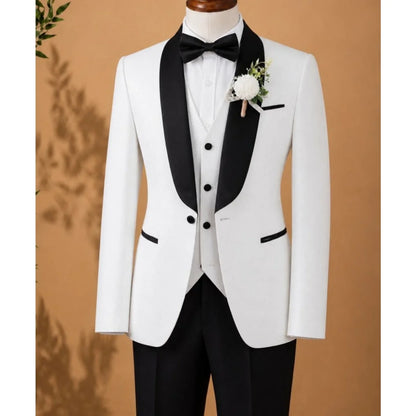 Men 3 Piece Suit Black Satin Collar White Shawl Lapel Slim Fit Groom Tuxedo Jacket Vest Pants Wedding Prom Coat Customized