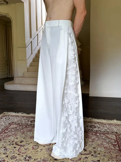Mens Spliced Flowers Suit Jacket Wide Leg Pants Two Piece Set Loose Fit Spring Summer Designer Elegant Fashion Banquet Suits Set