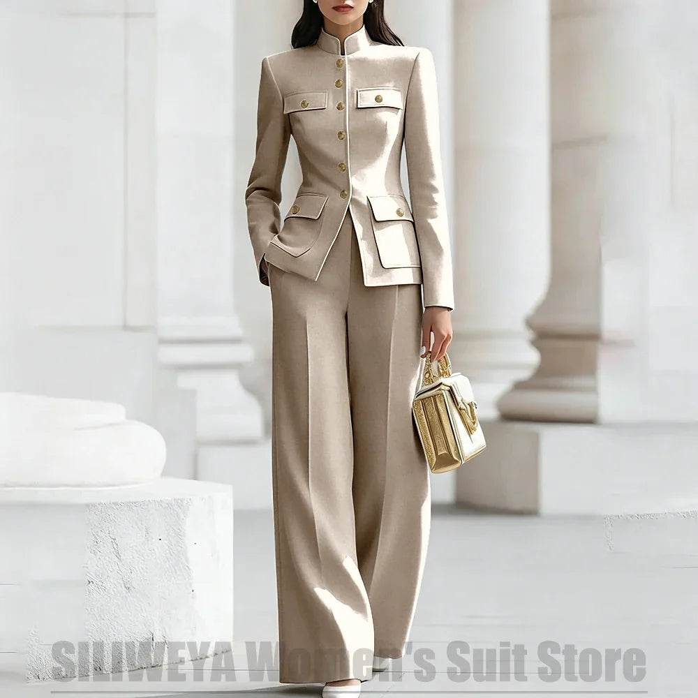 Women's Ivory Suit Mandarin Collar 2 Piece Military Style Gold Buttons Blazer Wide Leg Pants Wedding Party Prom Lady Suits