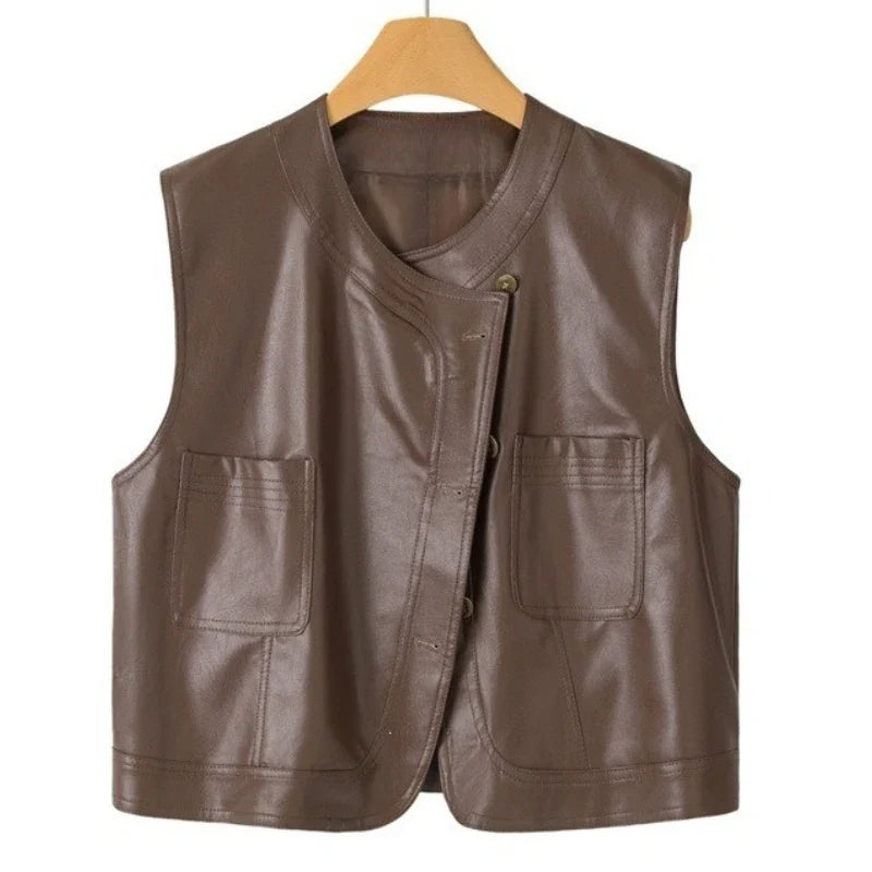 Pu Leather Vest Women Short Sleeveless Jacket 2026 Autumn New Solid Single-breasted Female Imitation Leather Waistcoat Outerwear