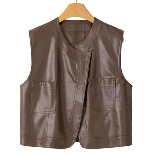 Pu Leather Vest Women Short Sleeveless Jacket 2026 Autumn New Solid Single-breasted Female Imitation Leather Waistcoat Outerwear