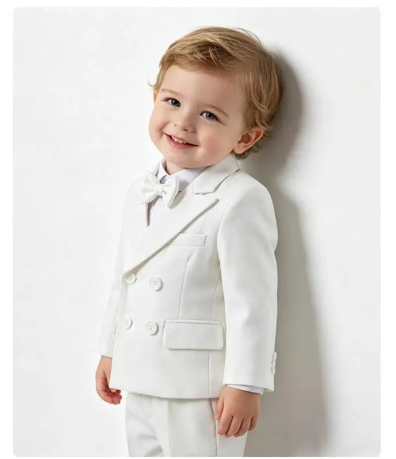 Baby Boy 4Pcs White Formal Suit Double Breasted Blazer Pants Suspenders Bow Tie Toddler Wedding Birthday Party Gentleman Costume
