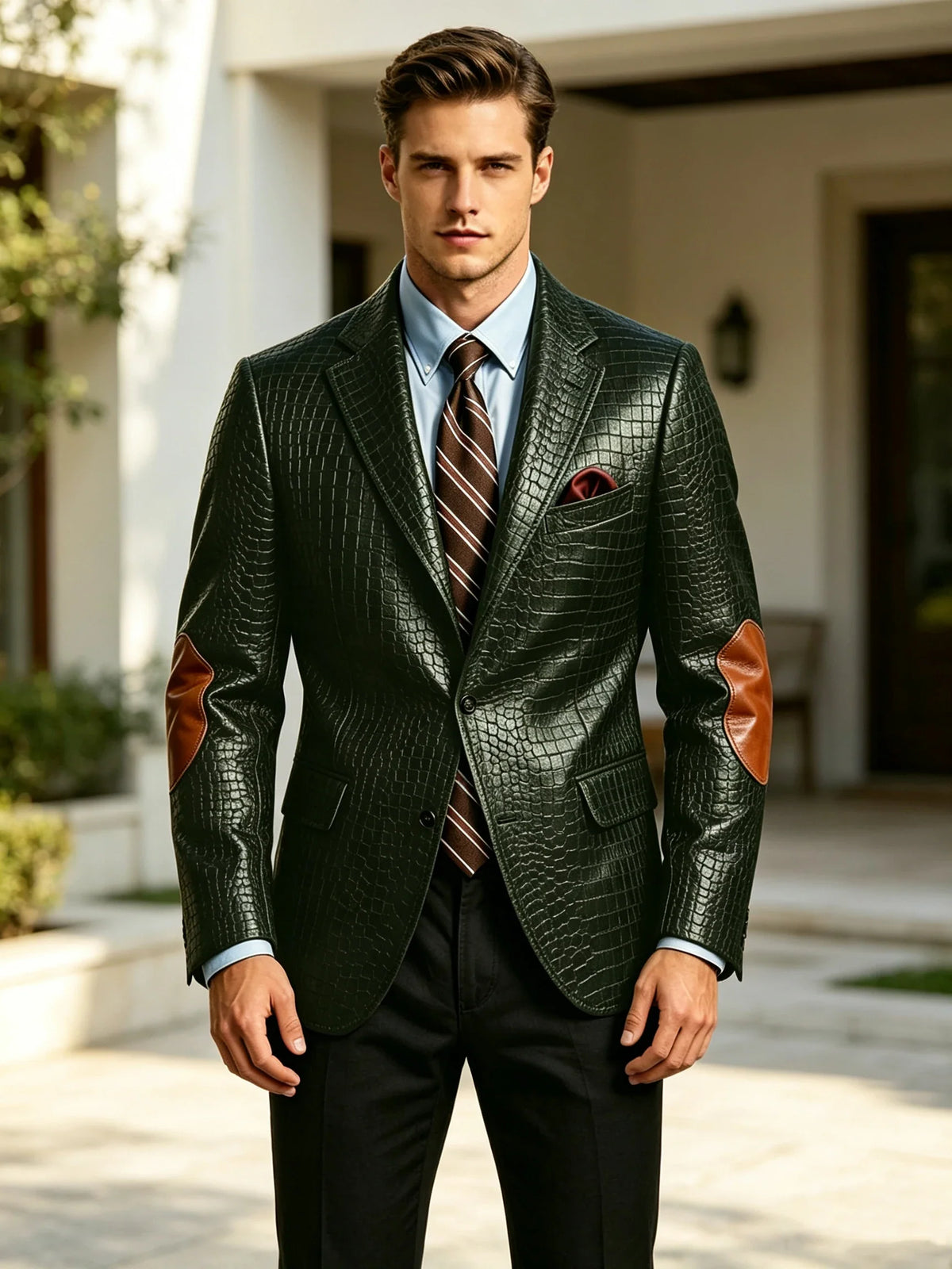 Men's Faux Leather Blazer  Crocodile Pattern Printed Sports Coat Jacket with Elbow Patch  For Party Prom Banquet Wedding Office