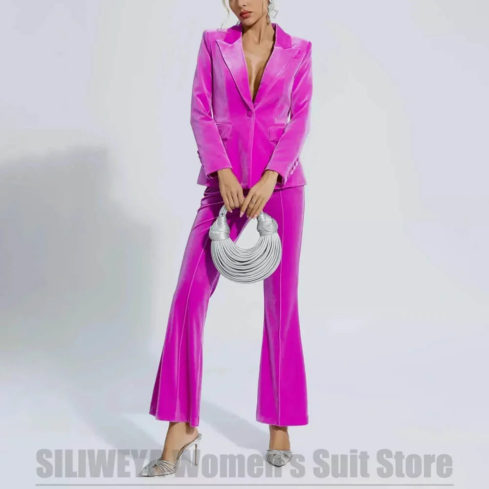 Fashion Velvet Women's Suit 2 Piece Single Button Peak Lapel Office Daily Casual Wear Elegant Formal Evening Party Ladies Suits